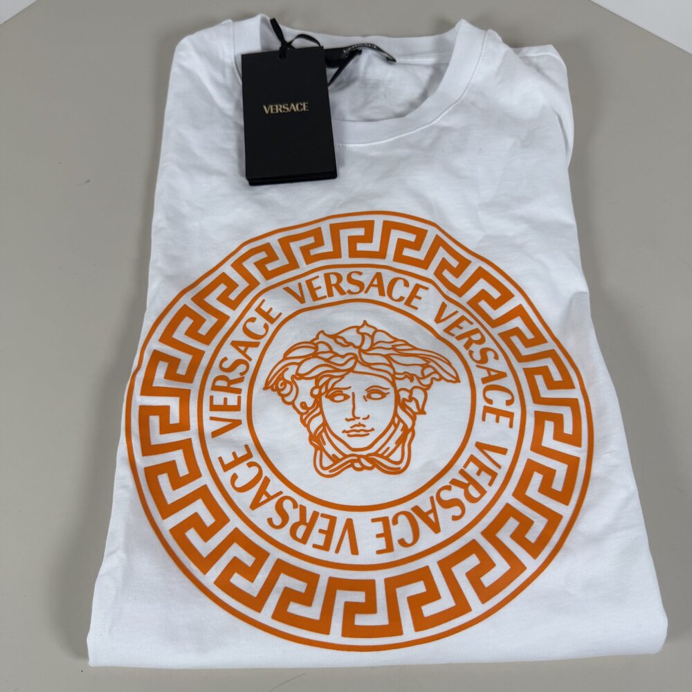 Versace NWT White & Orange Medusa Greca Circular Logo T-Shirt size XL mens